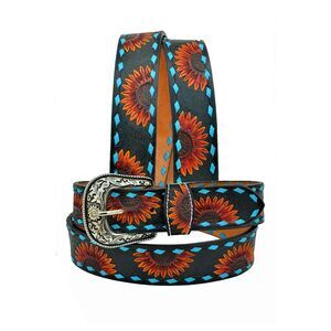 2127 Western Tooled Hand Finished Sunflower And Buckstitch Leather Belt For